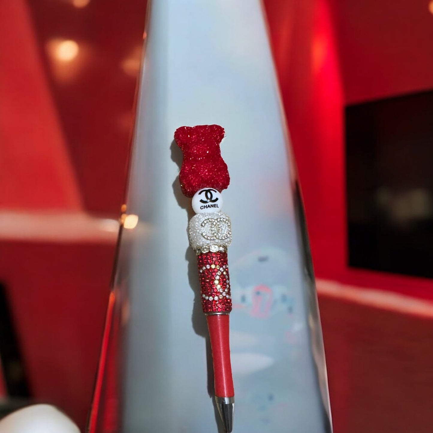 Luxury bling pen, refillable pen, stylish stationery, gift idea, fashion pen, elegant writing tool, red and black pen, desk accessories, LV