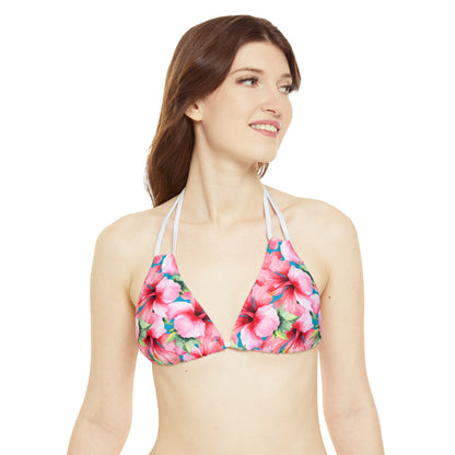 Womens Pink Hibiscus Strappy Bikini Set
