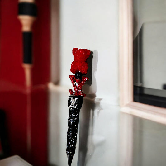 Luxury bling pen, refillable pen, stylish stationery, gift idea, fashion pen, elegant writing tool, red and black pen, desk accessories, LV