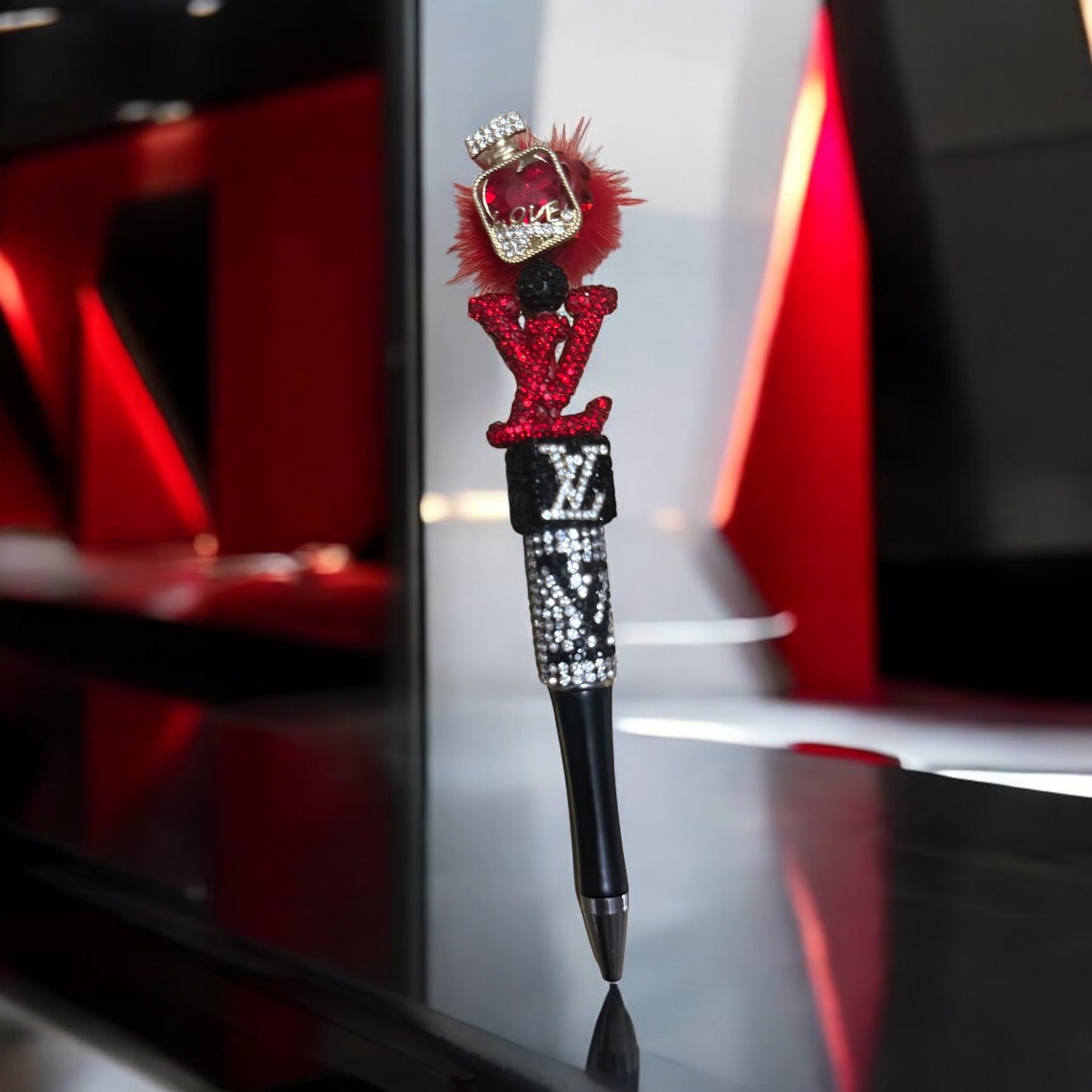 Luxury bling pen, refillable pen, stylish stationery, gift idea, fashion pen, elegant writing tool, red and black pen, desk accessories, LV
