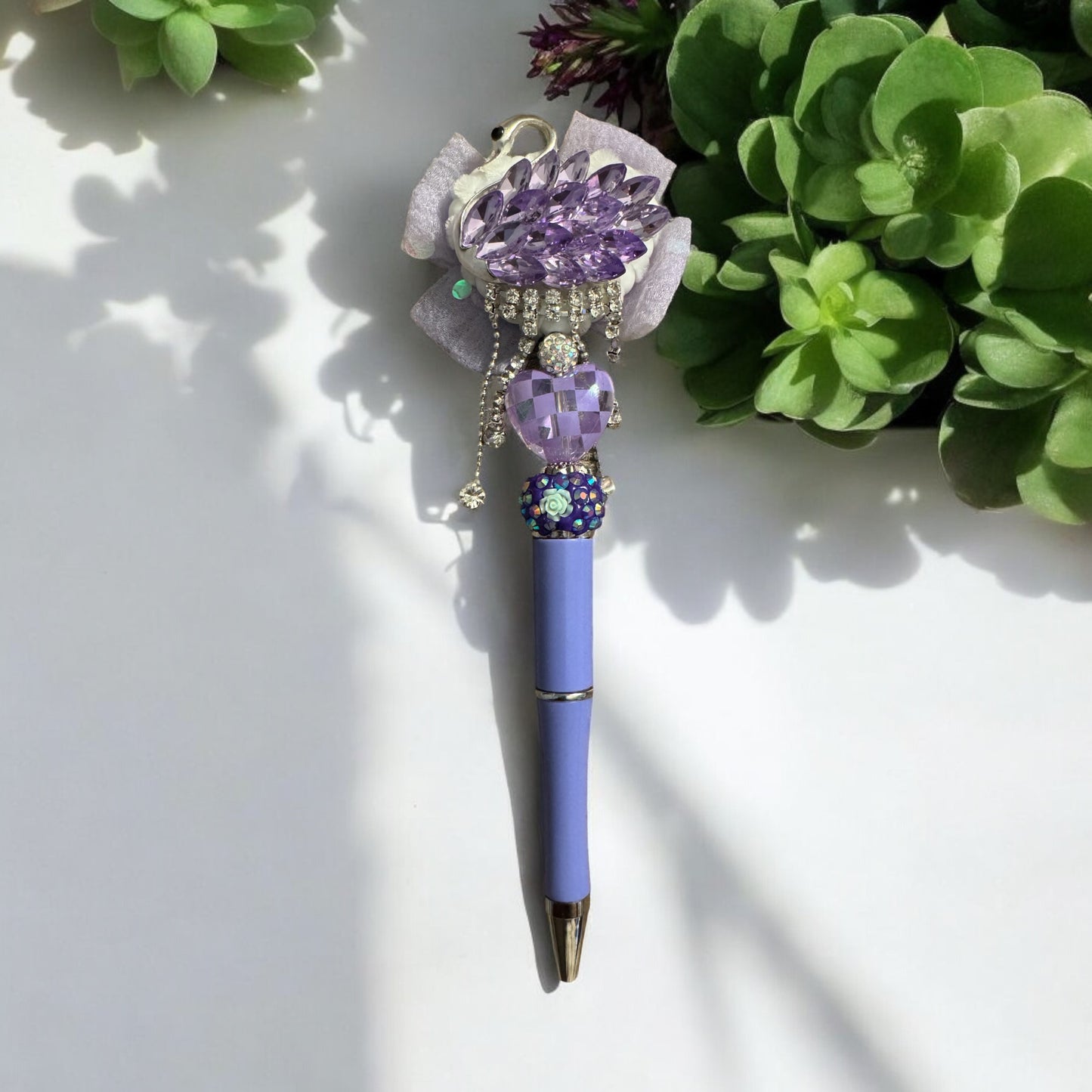 Glamorous Purple Refillable Pen with Swan Topper & Rhinestone Accent 💜✨