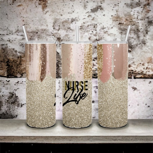 Vaso delgado de 20 oz con brillo dorado rosa