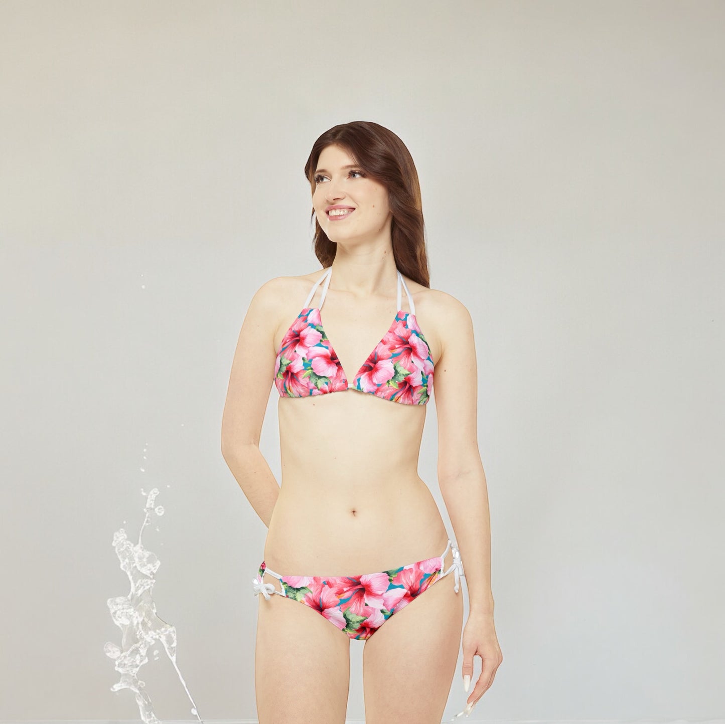 Womens Pink Hibiscus Strappy Bikini Set