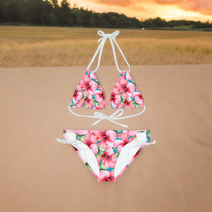 Womens Pink Hibiscus Strappy Bikini Set