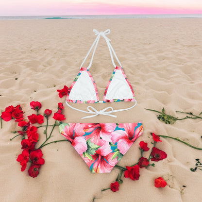 Womens Pink Hibiscus Strappy Bikini Set